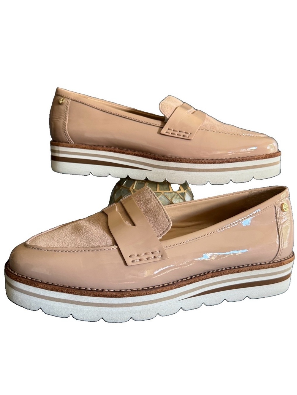 Antonio Melani Bradlie Platform Penny Loafers 7M Nude Patent Suede Chunky Lug